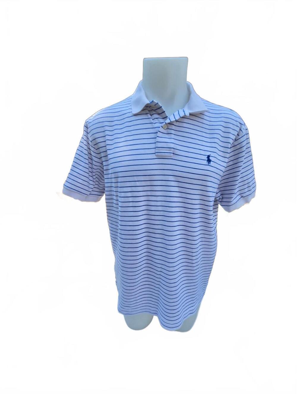 Polo by Ralph Lauren Men's Large White and Blue Striped Cotton Polo Shirt